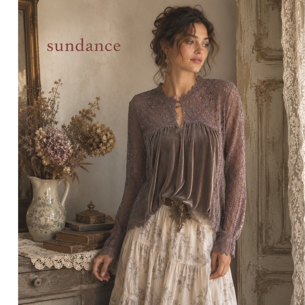 Sundance NWT Velvet & Lace Long Sleeve Blouse BrownTaupe Size MBoho Romantic
